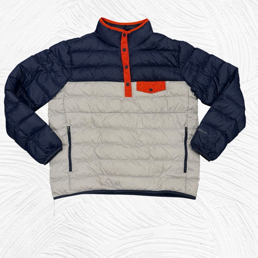 Eddie Bauer Down Jacket Womens Large Snap Mock EB650 Pullover Blue Silver Orange